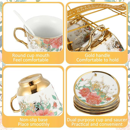 22 Pcs Porcelain Tea Set with Metal Holder, Vintage European Floral Tea Set - Image 7