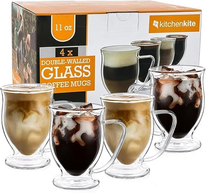 Kitchen Kite Double Wall Glass Coffee Mugs 11oz Set of 4, Insulated by KitchenKite