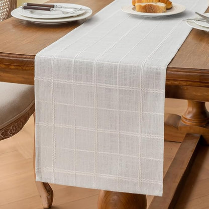 Linen Textured Table Runner, Machine Washable, Farmhouse Neutral Checked table - Image 6
