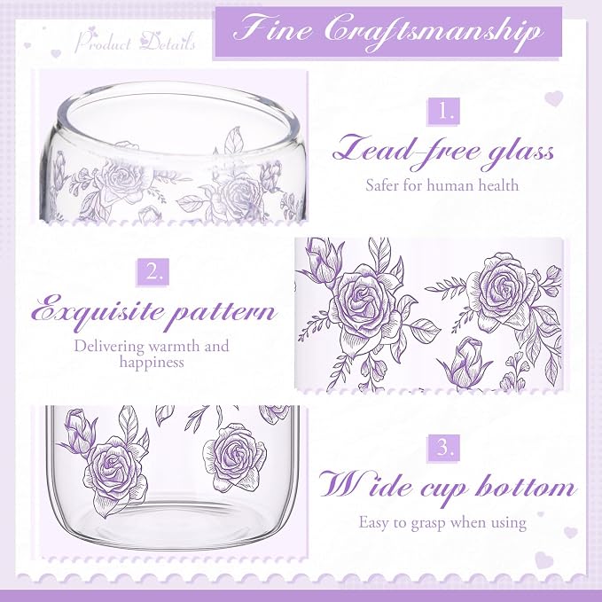 Sliner 2 Pcs Purple Floral Glass Cups Flower Gifts Drinking Glasses 16 oz Iced - Image 4