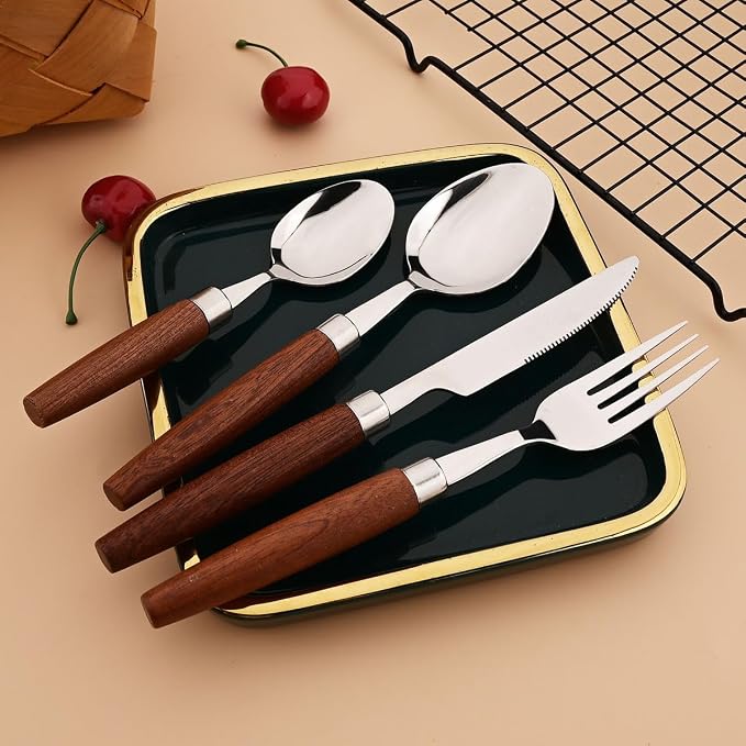 4-Piece Wooden Handle Silverware Set, BRIIEC 304 Stainless Steel Flatware Set - Image 5