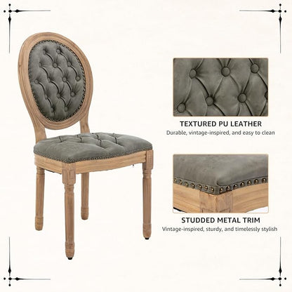 Vintage French Dining Chairs Set of 8, Round Back PU Leather Upholstered Side Chairs with Nailhead Trim and Solid Wood Frame, Sillas de Comedor for Dining Room & Kitchen, Olive Green
