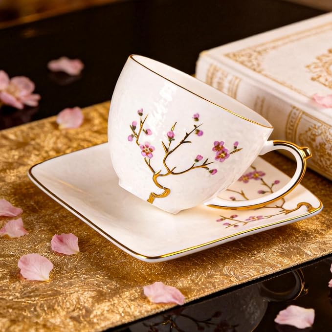 KAMMAK Tea Cups and Saucers Set of 2, Fine Bone China Coffee Cups, GH025 | - Image 5