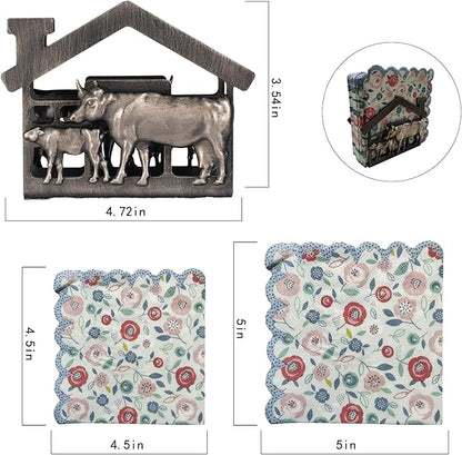Metal Napkin Holder for Tabletop, Rustic Farmhouse Cow & Calf Napkins Holder for Paper Napkins, Vintage Metal Tissue Napkin Dispenser, Napkin Table Decor for Kitchen (Cow and Calf/Black)