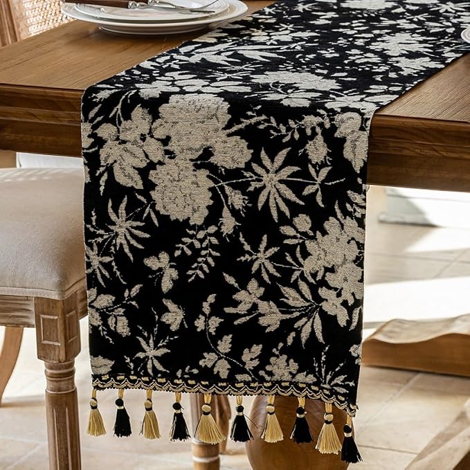 Floral Botanical Table Runner 13 x 48 Inch Black | Jacquard Flower, - Image 2