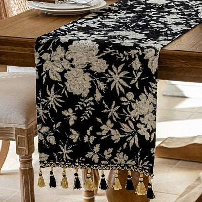 Floral Jacquard Dining Table Runner Black 13 x 82 Inch | Jacquard Flower - Image 2