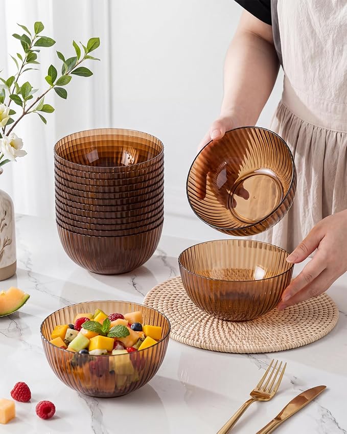 bUCLA 12 PCS Plastic Cereal Bowls Set - 28 Oz Clear Brown Disposable Vertical - Image 6