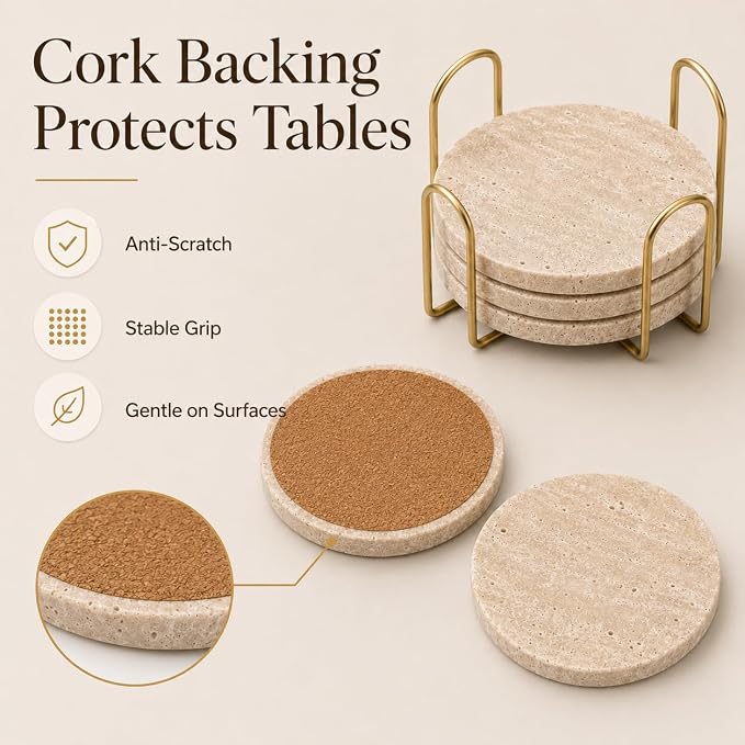 Travertine Coasters with Gold Holder, Cork Backing | Real travertine coasters - Image 3