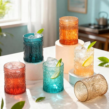 Qinyoung 24 Plastic Vintage Drinking Glasses 8.5oz Stemless Retro Embossed Wine - Image 4