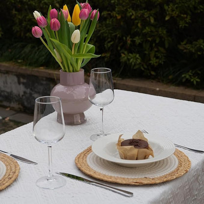 ANDSTAR Round Woven Placemats Set of 4, 12"x12", Natural Wicker Placemats, Water Hyacinth Straw Braided Placemats,Boho Place Mats for Farmhouse, Rustic Table (Water Hyacinth + White Cotton Rope)