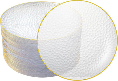 100PCS Clear and Gold Plastic Plates, 10 Inch Disposable Dinner Plates with Gold Rim, Heavy Duty Stone Texture Plastic Plates for Party and Weddings
