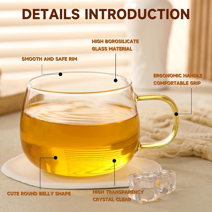 Glass Tea Cups Set of 4, Dishwasher & Microwave Safe Large Coffee Mugs - Image 5
