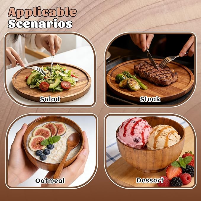 12 Pcs Wood Dinnerware Set, 8 Inch 10 Inch Round Wooden Plates and wooden bowl - Image 5