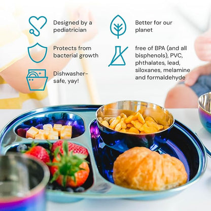 Ahimsa Stainless Steel Plates For Kids, Pediatrician Designed Divided Plates for Toddlers & Baby, Non Toxic, Unbreakable & Dishwasher Safe, Iridescent Blue Set of 4
