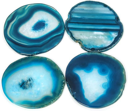 Agate Coaster Set of 4 for Drinks, Stone Coaster for Coffee Table 3.5-4" Geode Coaster Decor for Housewarming, Birthday, (Blue)