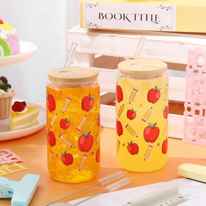 Sliner 2 Pcs Teacher Glass Cups Back to School Gifts Iced Coffee Tumbler - Image 2
