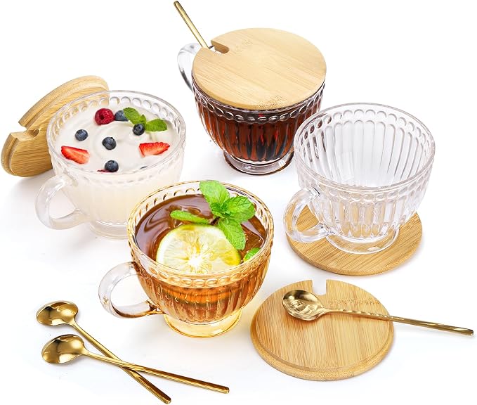 Cididu Large Glass Vintage Latte Mugs Set of 4, 12 Oz Ribbed Cups - Image 3