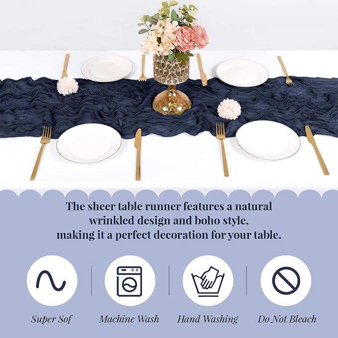 3 Pack Navy Blue Cheesecloth Table Runner, 17 x 108 Inch, Gauze Cheese Cloth - Image 5