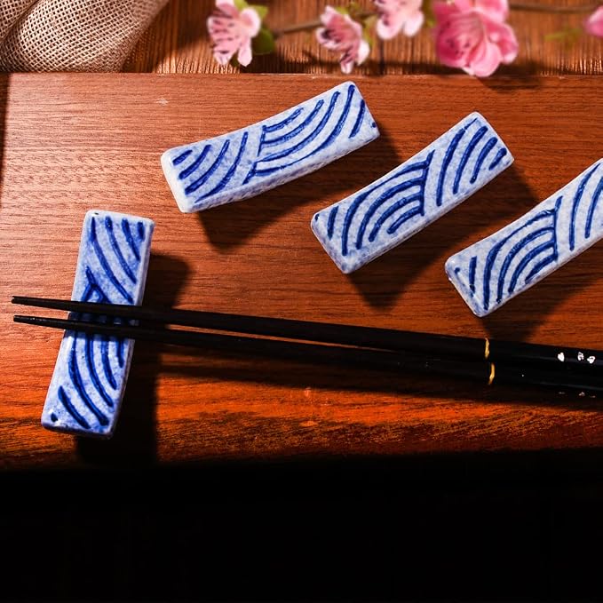 Porcelain Chopstick Holder Set of 4, 2.8" Wave Motif Spoon Fork Stands | - Image 8