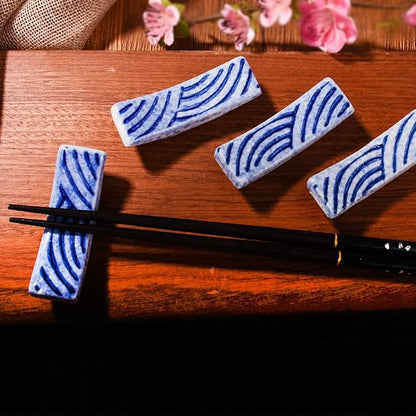 Porcelain Chopstick Holder Set of 4, 2.8" Wave Motif Spoon Fork Stands | - Image 8