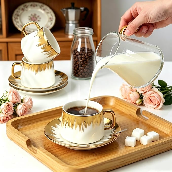 Coffee Cup Set of 6 with Saucers, 3.5 OZ Ceramic Espresso Cups Set, Cafe Mocha - Image 4