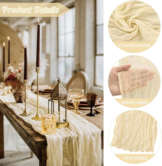 Beige 10FT Cheesecloth Table Runner Boho Gauze Fabric Table Runner Rustic Sheer - Image 2