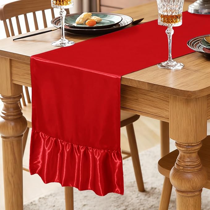 2 Pack Red Satin Table Runner 12 x 108 Inch | Ruffle Design, Luxurious Dining - Image 2