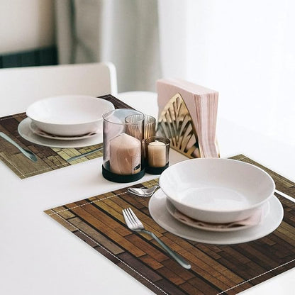 Retro Plank Placemat Set, Rural Old Shabby Brown Beige Farmhouse Barn Wooden Board Pattern Home Decor Linen Table Mats for Dining Room Kitchen Party (17x12in) x6P