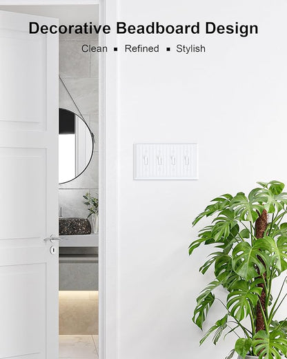 2-Pack Classic Beadboard Quad Toggle Light Switch Cover Plate, Pure White Decorative Switch Plate Covers, Natural Bamboo Fiber 4 Gang Wall Plate for Toggle Light Switch and Rotary Dimmer Switch
