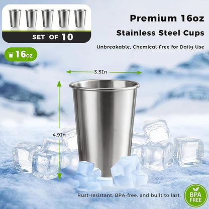 10 Pack 16 oz 304 Stainless Steel Pint Cups, Shatter-Resistant | Food-Grade 304 - Image 3