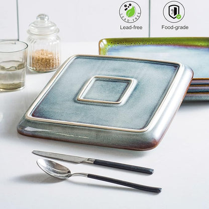HENXFEN LEAD Square Ceramic Dinner Plates 11 Inch – Large Stoneware Serving Plates Set of 4 for Steak, Pasta & Salad, Microwave & Dishwasher Safe – Reactive Glaze Green