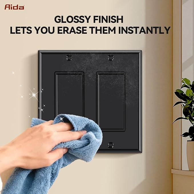AIDA 2-Gang Decorative Wall Plates, Standard Size 4.53" H x 4.57" L, Unbreakable Thermoplastic, UL Listed - 4 Pack, Glossy Black for Outlets & Switches