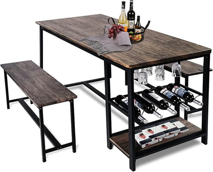 3 Piece Rustic Brown Rectangular Dining Table Set with Bench, 55''L x 25.2''W, Mid Century Modern Dining Set for Small Spaces, Compact with Storage Shelf Rack, Wine Rack