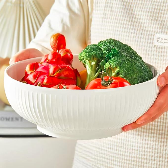 Set of 2 Serving Bowls- 9inch Extra Large Salad Bowls -Porcelain White Serving - Image 6