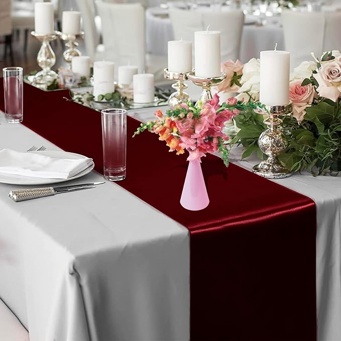 10 Pack Satin Table Runner Burgundy 12x108In Long, Bright Silk Table Runner | - Image 4