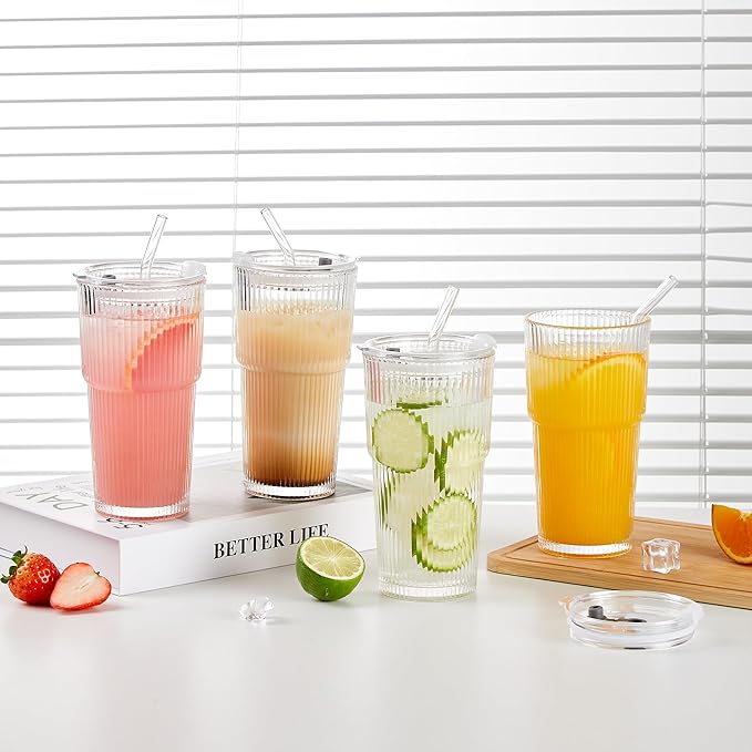 Wells 20oz Glass Cups with Lids and Straws, Ribbed Iced Coffee Cups, Thickened - Image 5