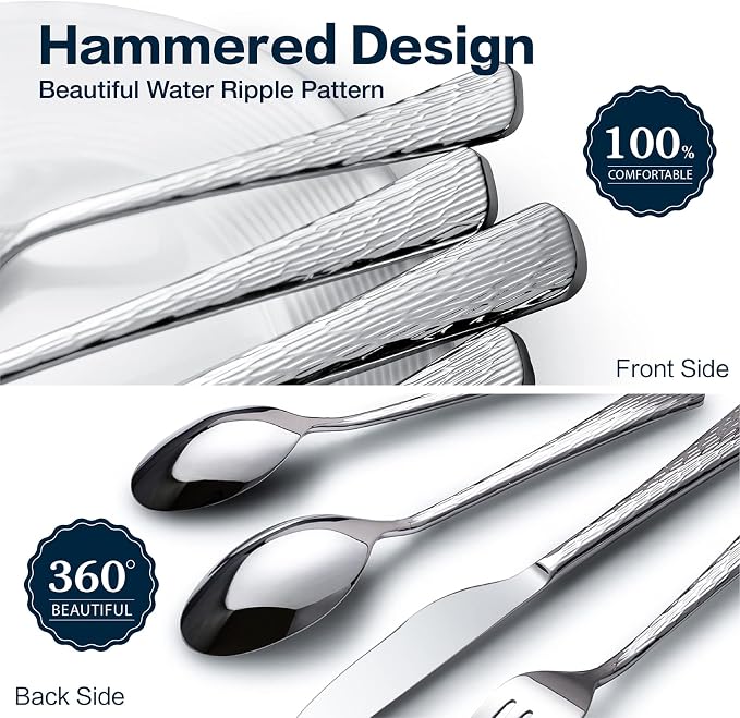 Silverware Set for 6, 30 Piece Flatware Set, 18/10 Stainless Steel | Hammered - Image 4