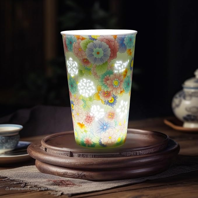 13.5 oz Floral Ceramic Tea Cup without Handle, Translucent Rice Grain Porcelain - Image 2