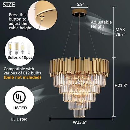 Modern Crystal Chandelier Gold Round Chandeliers Light Fixture for Dining Room Raindrop Pendant Ceiling Lighting Foyer Hallway Entryway Chandelier 5-Tier 10 Lights W23.6