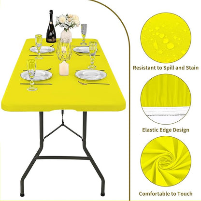 6 Pack Fitted Tablecloth for 6 Foot Rectangle Tables, Yellow Elastic Outdoor Picnic Table Cover, Washable Stretch Folding Table Cloths 6 ft for Camping Party Patio Kitchen Banquet, 30" W x 72" L