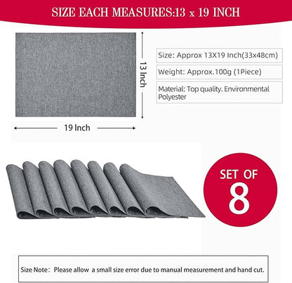 Cloth Place Mats Set of 8–Reusable Rectangular Waterproof Fabric Polyester Washable Wipeable Heat Resistant Linen for Kitchen Dining Dinner Restaurant Wedding Table(Gray/13x19 Inch)