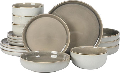 Gibson Elite Sunveil 16 Piece (Service for 4) Plates and Bowls Reactive Glaze Round Dishes Stoneware Ceramic Dinnerware Set - Light Taupe