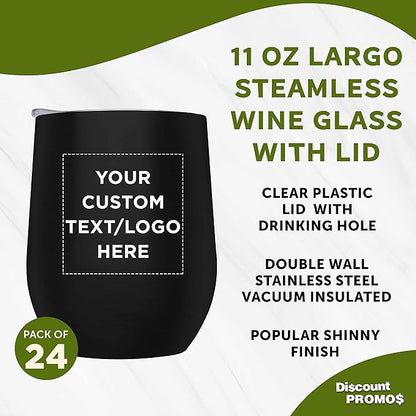 Custom Stemless Wine Glass Tumblers with Lids by Largo 11 oz. Set of 24, Personalized Bulk Pack - Perfect for Wine, Cocktails, Other Hot & Cold Beverages - Black