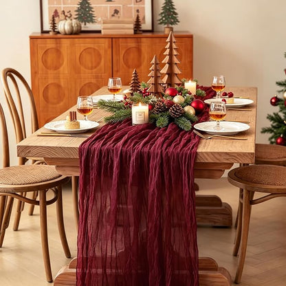Burgundy Table Runner, 10FT Boho Rustic Burgundy Maroon Table Runner 120inch - Image 6
