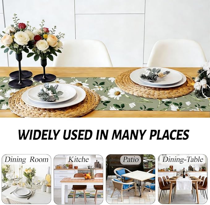 Olive Green Daisy Flowers Spring Table Runner, Table Runners 72 Inches Long | - Image 5