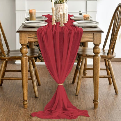 Artoid Mode Boho Gauze Red 3 Pieces Wedding Table Runner, 120 Inch Cheesecloth - Image 3