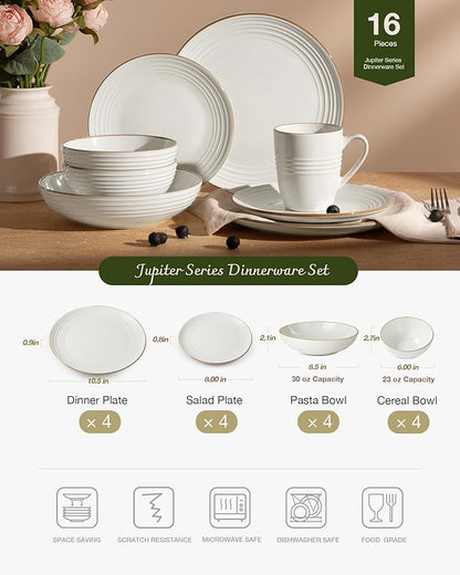 Famiware Jupiter Dinnerware Set with Pasta Bowl, Plates and Double Bowls Dish Sets for 4 (16 Pieces), Microwave and Dishwasher Safe, Chip and Scratch Resistant, White