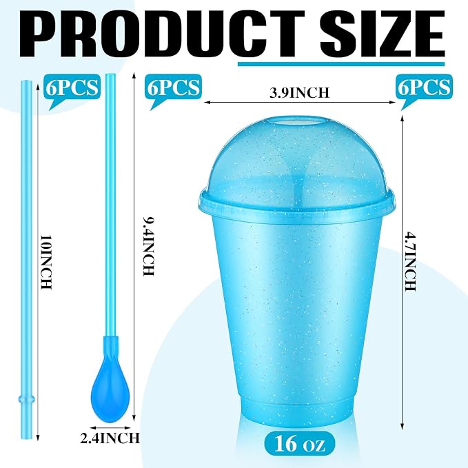 6 Set Slushie Cups with Dome Lids and Straws Detachable Spoon Straws Reusable - Image 2