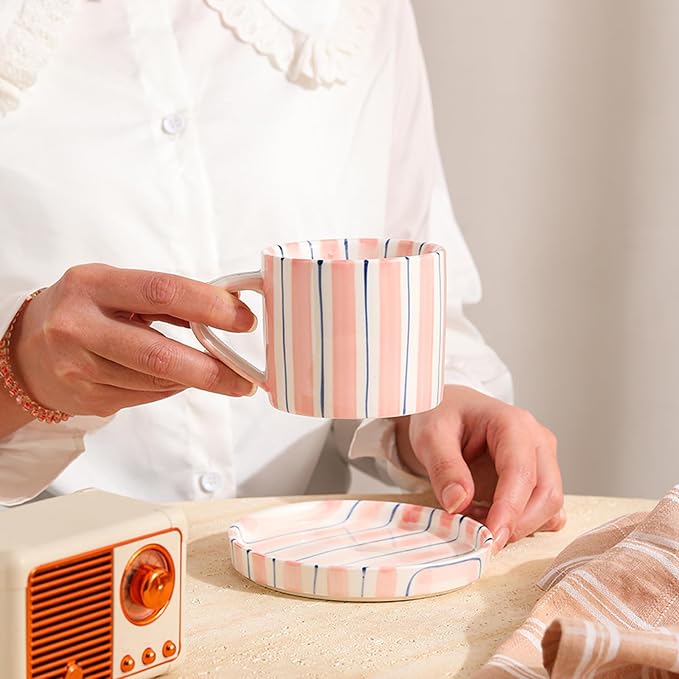 Hand-Painted Ceramic Coffee Mug and Saucer Set, 8 oz Artisan Striped Porcelain - Image 8