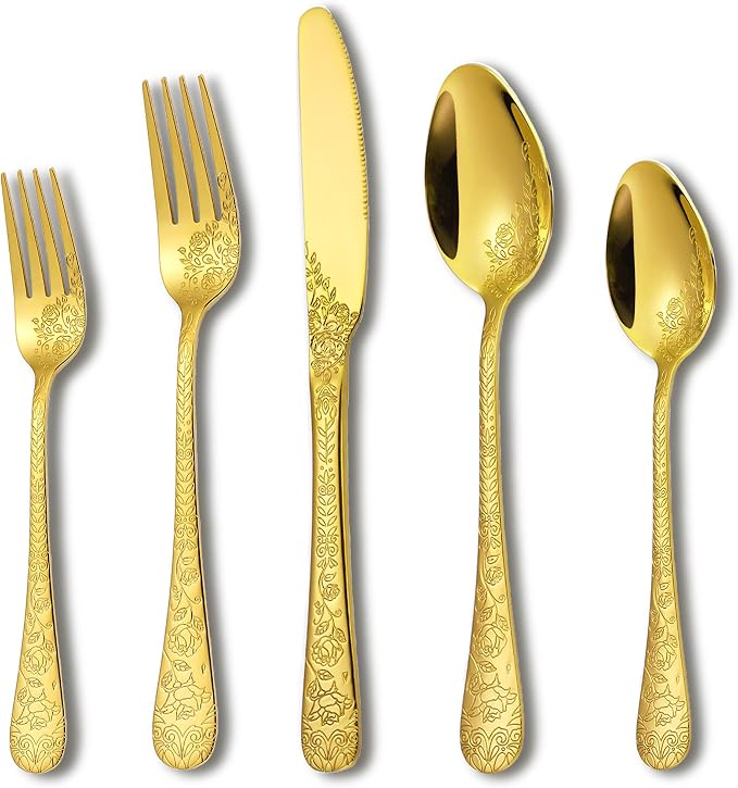 Runfly Modern Carved Floral Gold Stainless Steel 20-Piece Flatware Set | by Runfly